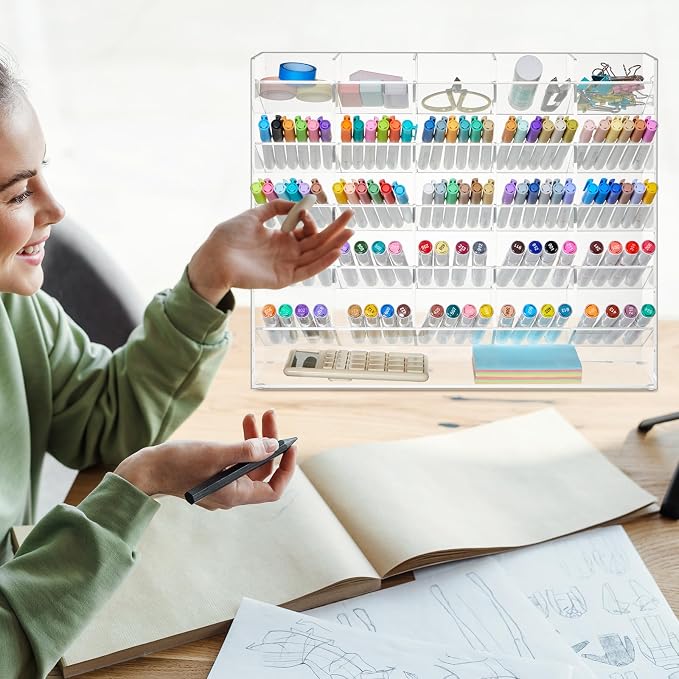 MotiMind Acrylic Pen Organizer Storage for 300 Markers Vertical Marker Organizer Acrylic Pen Display Holder for Office Desk Desktop Stationery Pencil Storage, Clear, 15 x 4 x 12.4 Inch - Image 6
