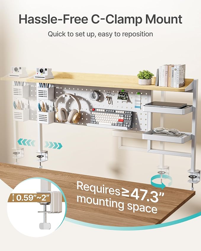 Clamp on Desk Shelf, 44" Desktop Shelving System, White | with Pegboard and Accessories, Desktop Organizer with 2-Tier Shelf, Desk Pegboard for Gaming Office - Image 6