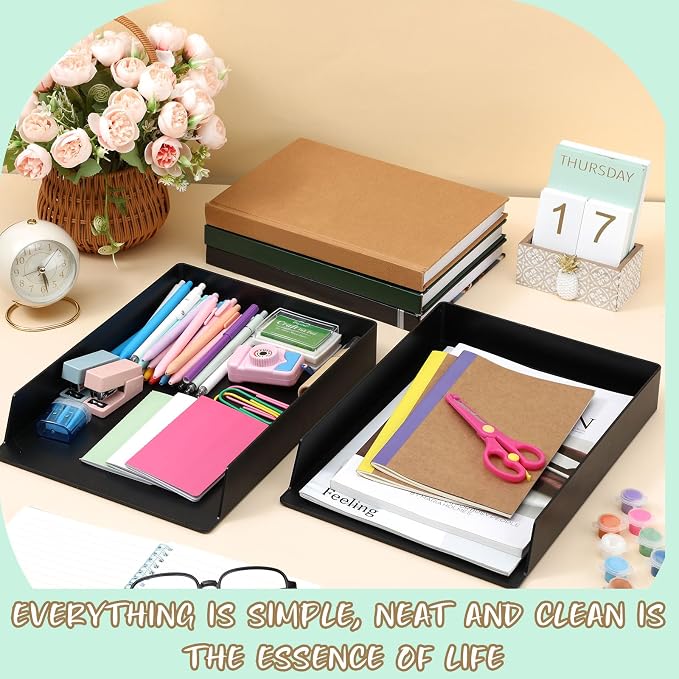 2 Pcs Stackable Paper Trays Rectangular Plastic Desk Holder Desktop Document File Organizer Storage Letter for Office Classroom (Black) - Image 5