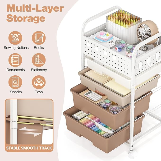 4 Drawer Rolling Storage Cart with Pegboard Top and Hooks, Brown | Mobile Organizer Cart with Wheels for Office Supplies, Craft Storage, Classroom Organization, Home Utility Cart - Image 4