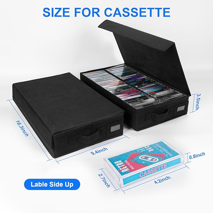 Cassette Tape Storage Box with Handles and Lid – Cassette Tape Holder and Organizer with External Label Slots, Stackable Cassette Storage Rack, 3Pack-Black - Image 3
