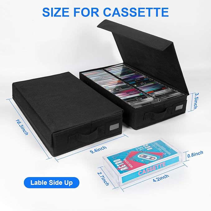 Cassette Tape Storage Box with Handles and Lid – Cassette Tape Holder and Organizer with External Label Slots, Stackable Cassette Storage Rack, 2Pack-Black - Image 3