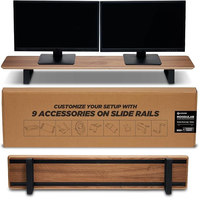 Moodular Wooden Monitor Stand Desk Organizer, Large 45.6" Walnut | Customizable Organized Workspace, Aluminum Slide Rails, 10 Add-Ons Sold Separately: Storage Drawer, Tablet, Phone & More by ULTRARM