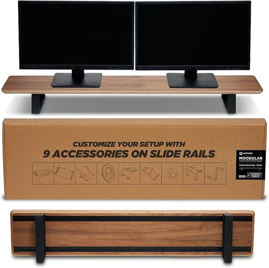 Moodular Wooden Monitor Stand Desk Organizer, Large 45.6" Walnut | Customizable Organized Workspace, Aluminum Slide Rails, 10 Add-Ons Sold Separately: Storage Drawer, Tablet, Phone & More by ULTRARM