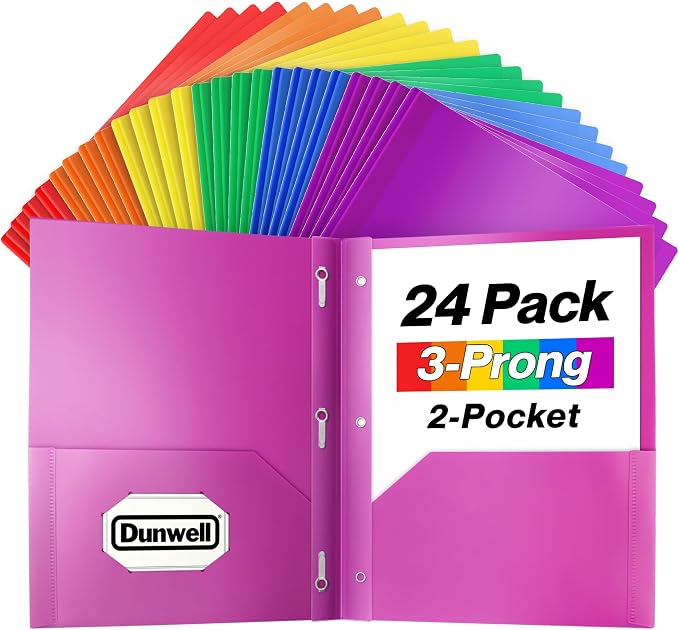 Dunwell Plastic 2-Pocket Folders with 3 Prongs, Assorted, 24 Pack | Bulk Tear-Resistant Acid-Free Poly, 3-Clasp Folders with Fasteners, Includes Labels by Dunwell