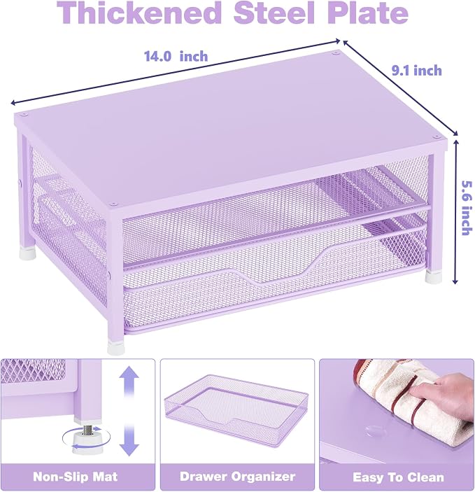 Computer Monitor Stand Riser, Desk Organizer with Drawer, Printer & Laptop Stand, Office Desk Accessories & Workspace Desktop Organizers Storage for Office Supplies(Purple) - Image 2