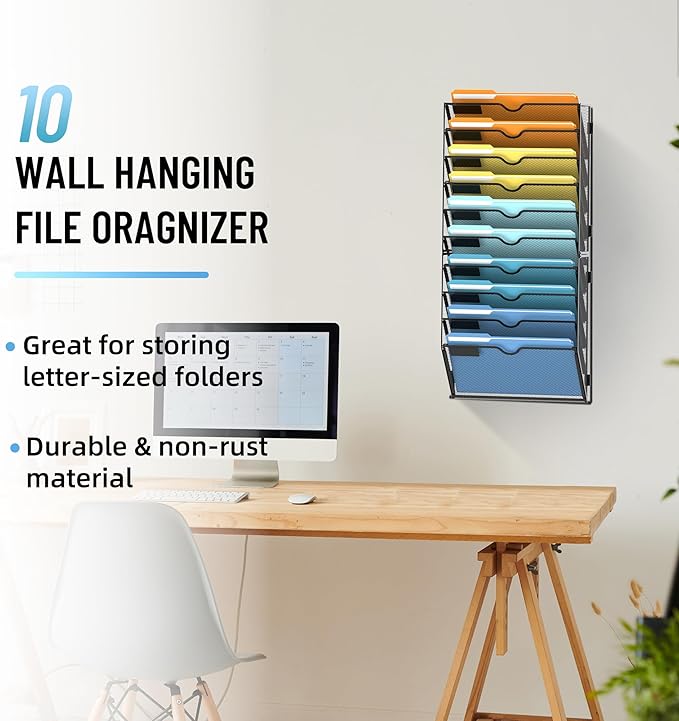 10-Tier Hanging Wall File Organizer with Hooks for Office Organization | Mesh Wall File Holder, Mail Organizer Wall Mounted for Papers, Documents, Folders and Magazines in Home Office, Classroom - Image 2