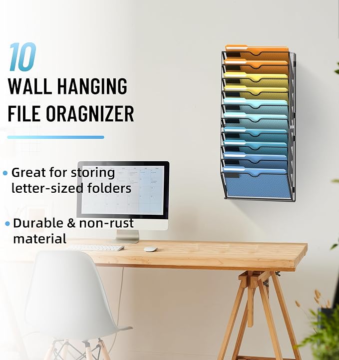 10-Tier Hanging Wall File Organizer with Hooks, 2 Pack | Mesh Wall File Holder, Mail Organizer Wall Mounted for Papers, Documents, Folders and Magazines in Home Office, Classroom - Image 2