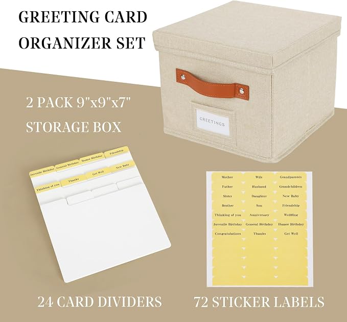 Greeting Card Organizer with dividers - Storage Box with lid Holds 150+ Cards - Assortment Box for Greeting Cards,Recipes, Photos, Envelopes, Keepsake - 9 x 9 x 7 Inches (Beige, 2 pcs) - Image 3