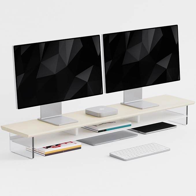 FENSULN Dual‑Tier Monitor Stand for Modern Desk Setup – Minimalist Wooden and Metal Riser Shelf with Transparent Acrylic Feet for Dual Monitors, Laptops, Home Office Aesthetic，Beige and White by FENSULN