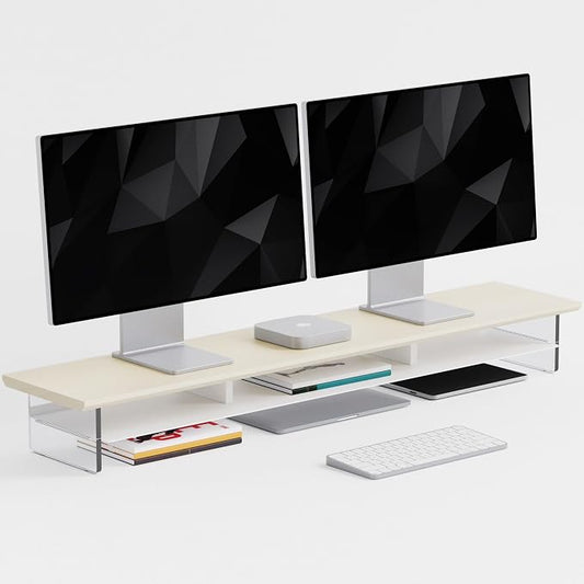 FENSULN Dual‑Tier Monitor Stand for Modern Desk Setup – Minimalist Wooden and Metal Riser Shelf with Transparent Acrylic Feet for Dual Monitors, Laptops, Home Office Aesthetic，Beige and White by FENSULN