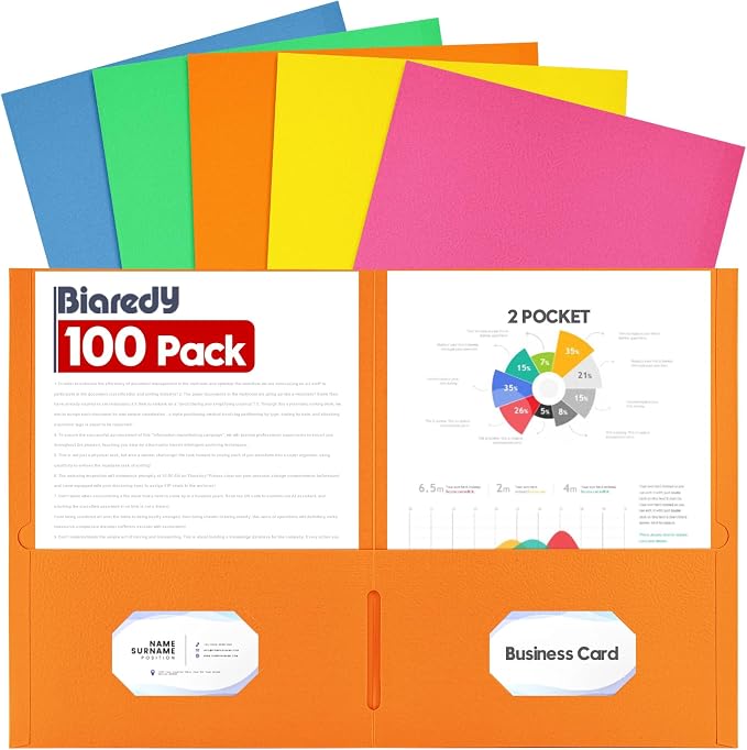 100 Pack Multicolor Paper Pocket Folders, 2 Pocket File Folders Letter Size, Heavy Duty Bulk Folders with Business Card Slot for Office, Classroom and School, Business, Home Use, Assorted 5 Colored by Unknown