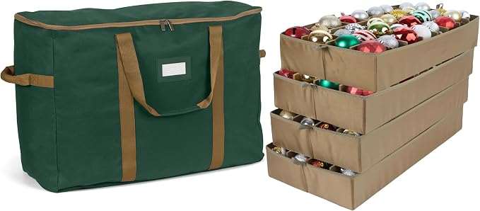 Covermates Keepsakes Adjustable Ornament Storage Bag – Heavy-Duty Polyester, Padded Dividers & FlexGrid Trays – Protective Holiday Ornament Organizer with Handles & Label Window, Green by Covermates
