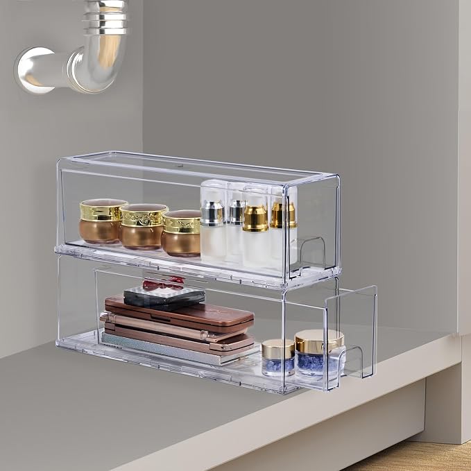 Sorbus Small Clear Stackable Drawers, Plastic Storage with Handles - Craft, Clothes, Medicine, Makeup, Closet, Art Supply, Bathroom, Shoe, Toy Organizer (2 Pack Wide) by Sorbus