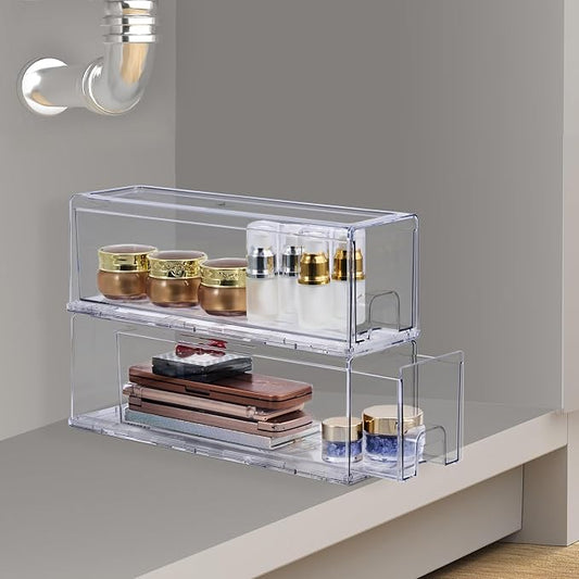 Sorbus Small Clear Stackable Drawers, Plastic Storage with Handles - Craft, Clothes, Medicine, Makeup, Closet, Art Supply, Bathroom, Shoe, Toy Organizer (2 Pack Wide) by Sorbus