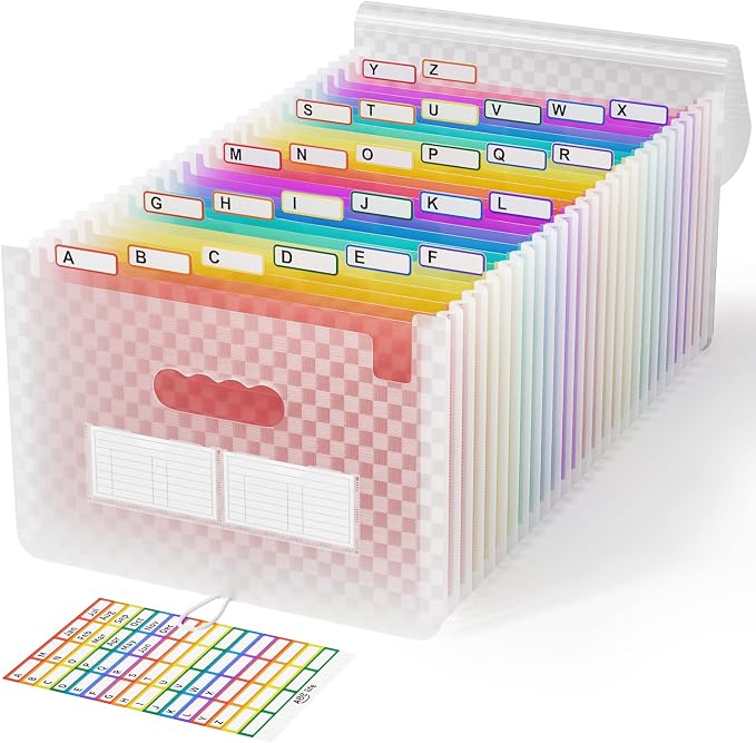 ABC life 26 Pockets Accordion File Organizer, Expanding File Folder, Pink | Portable Monthly Paper Bill Tax Receipt Organizer, Letter/A4 Size, Document Organizer with Labels, for School, Home, Office by ABClife