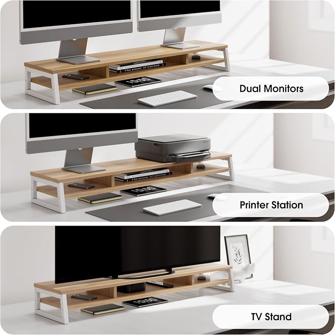 Fenge Dual Monitor Riser for Desk, Open Shelf with 3 Storage Compartments | 42.5in Computer Monitor Stand, 2-Tier Desk Shelf for Top of Desk,One-Piece Panel, fit Ultrawide Monitor, PC, Laptop, Dark Oak - Image 8
