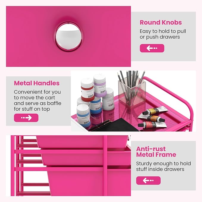 COSTWAY 12-Drawer Rolling Storage Cart, Moveable Art Craft Organizer | Lockable Wheels, Metal Shelf, Files Arrangement Tools Makeup Storage Cart for Office, Home, School (Hot Pink) - Image 6