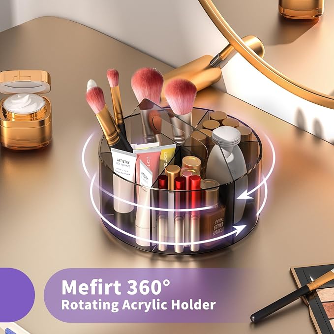Mefirt Acrylic Pen Organizer, 360 Degree Rotating Desk Organizer with 6 Compartments Crayon Holder for Office, School, Home, Art Supply, Grey - Image 4