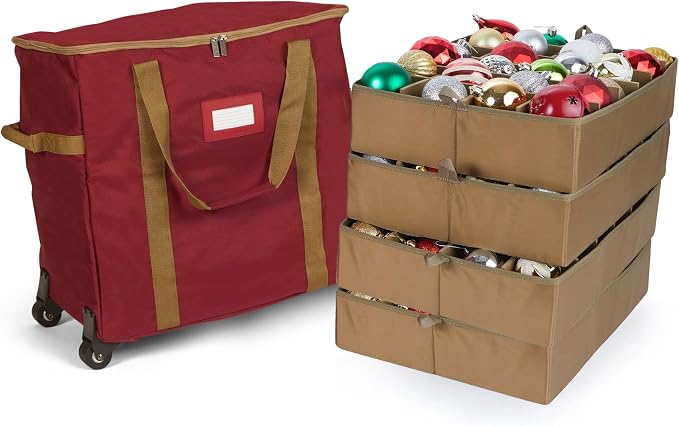 Covermates Keepsakes Rolling Adjustable Ornament Storage Bag – Heavy-Duty Polyester, FlexGrid Trays & Padded Dividers – Protective Holiday Organizer with Wheels, Handles & ID Window, Red by Covermates