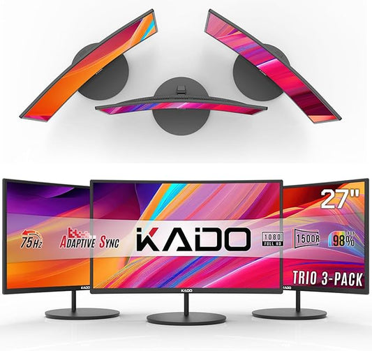 Kado Triple Monitor Setup - 3-Pack 27" Curved 1920x1080 Computer Monitor 1500R 75Hz VESA Mount HDMI Office Gaming Hybrid Built-in Speakers (C27X Trio Series)