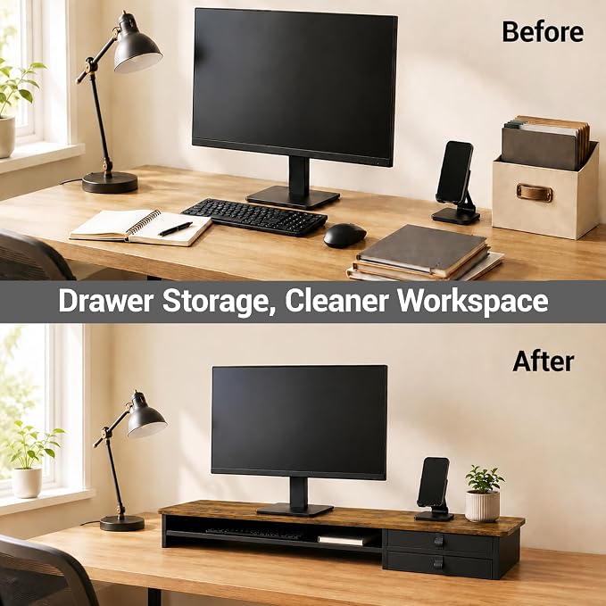 Dual Monitor Stand, 42.5 Inch Wood Monitor Riser with Drawers, 2 Tier Desktop Organizer for Computer Laptop TV, Large Screen Stand for Home Office Desk - Image 7
