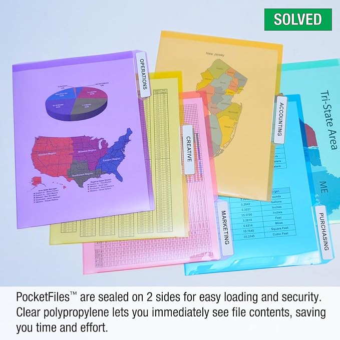 Ultimate Office Poly Color File Folders Letter Size, 3rd-Cut Tabs Set of 18 | PocketFiles Heavy Duty Transparent Files, Sealed on 2 Sides to Secure and Protect Documents and are Tabbed for Easy Indexing - Image 3