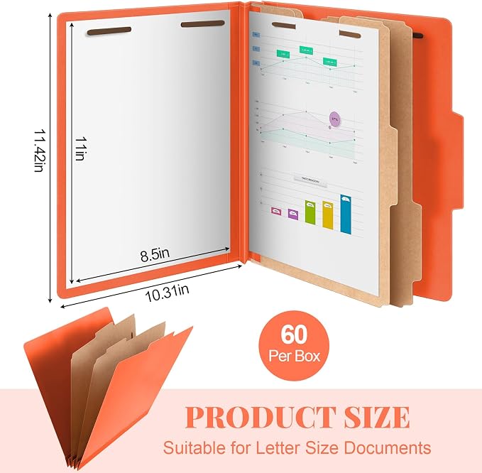 Skyygemm 60 Pcs Classification Folders Letter Size, 2 Divider Pressboard File Folders with 3. 5 Inch Expansion, 2 Prongs Fastener, Heavy Duty Office File Organizers for Teachers, Medical (Orange) - Image 2