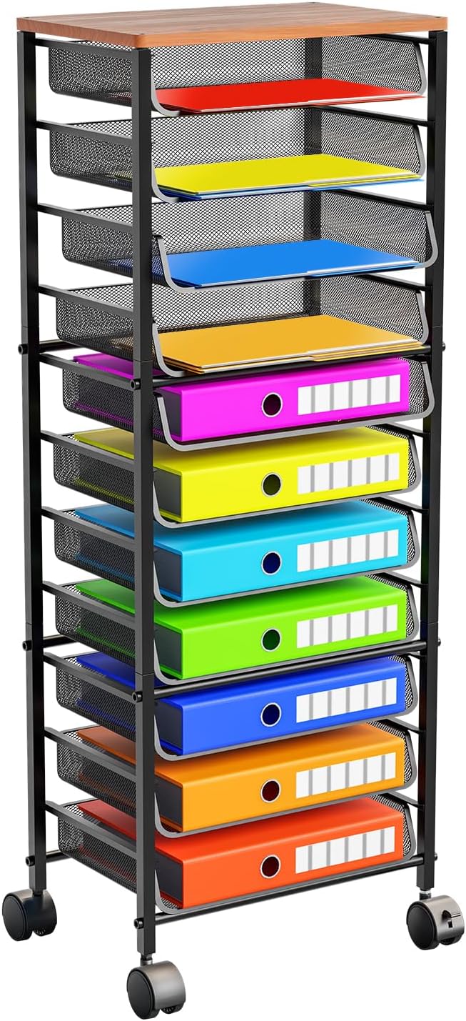 Simple Trending 12-Tier Rolling File Cart, Desk File Organizer with 11 Mesh Sliding Trays, Letter & Legal Paper Storage Rolling Utility Cart for Office Home School, Black by SimpleTrending