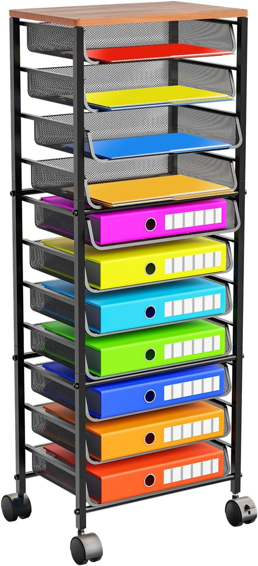 Simple Trending 12-Tier Rolling File Cart, Desk File Organizer with 11 Mesh Sliding Trays, Letter & Legal Paper Storage Rolling Utility Cart for Office Home School, Black by SimpleTrending