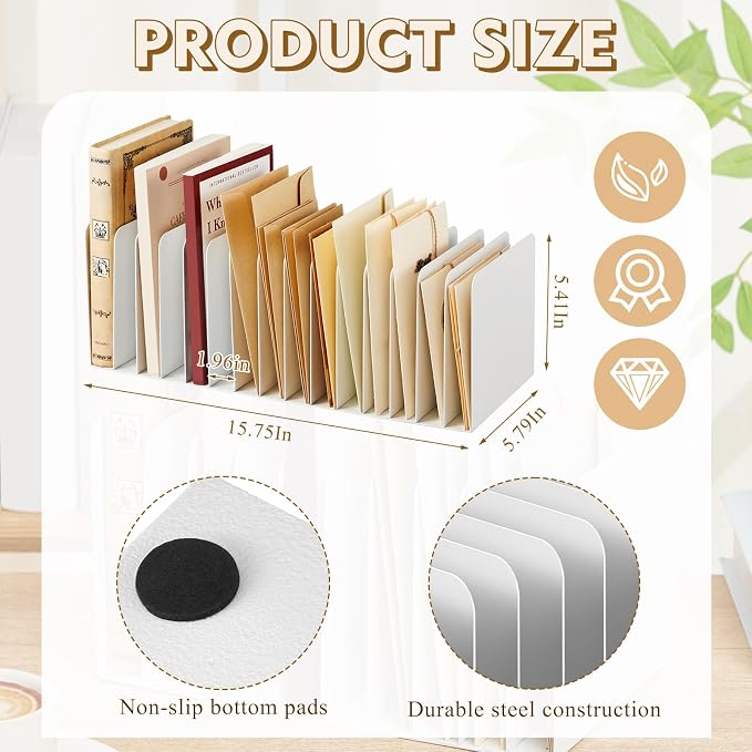 Suzile Metal Desktop File Organizer, 15 Compartments, Vertical File Sorter, White, 5.79" W x 15.75" L x 5.41" H, Office, Reception Areas, Workspace - Image 2