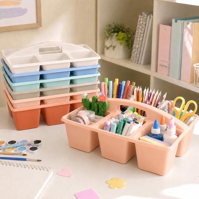 gisgfim 6 Pack Plastic Classroom Caddy with 6-Compartments Plastic Storage Caddies with Handle 6 Compartments Table Caddy Organizer Versatile Table Caddies for Classroom Office Storage, Morandi Color - Image 4