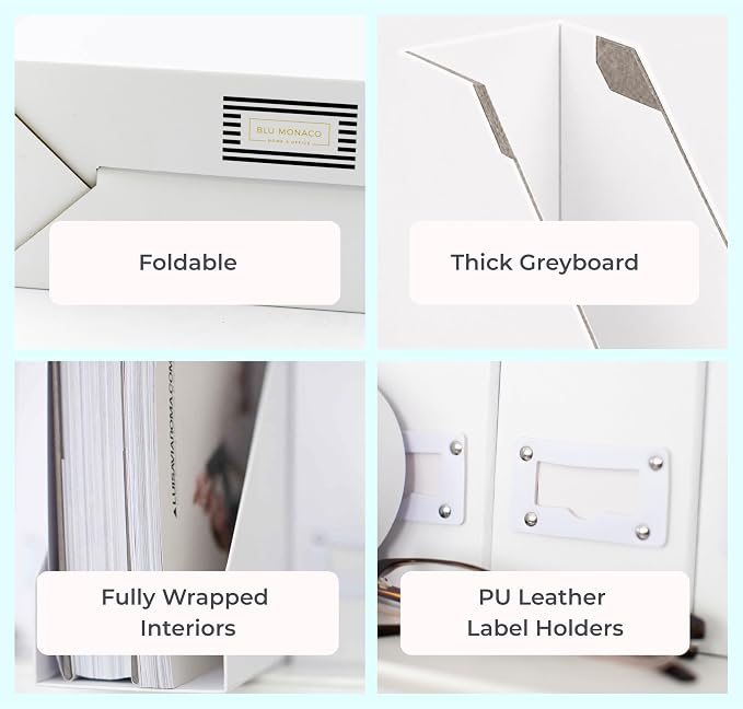 BLU MONACO Set of 6 Foldable White Magazine File Holders | Vertical Desk File Organizer Boxes With Leather Label Holders | Stylish Cardboard Magazine Storage for Shelves, Workspace and Home Office - Image 7