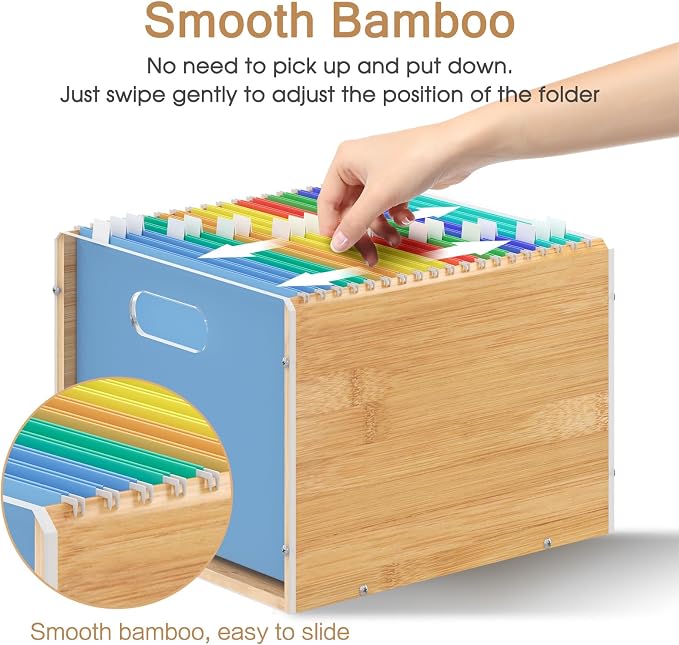 Sbanmao Hanging File Organizer, Clear Acrylic File Box Organizer, Bamboo Filing Box File Crate Organizer Storage Boxes, Portable Filing Folder with Handle for Letter Size - Image 3