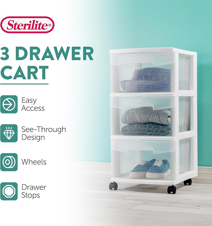 Sterilite 2 Pack Plastic Storage Organizer, 3 Drawer Rolling Bin Cart, Closet Organization, White - Image 5