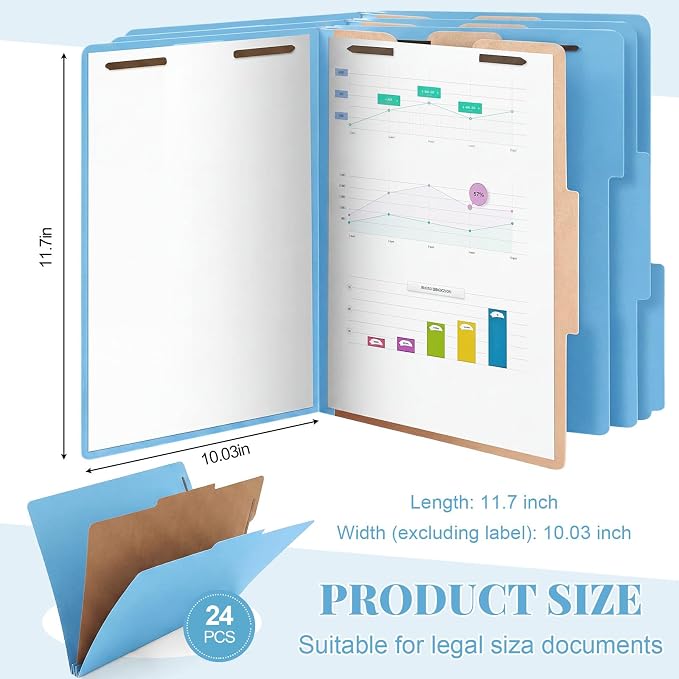 AmazingSpark 24 Pack Light Blue Classification Folders Letter Size, 1 Divider, 1/3-cut Tab, File Folders with Fasteners, Prongs, Expanding File Organizer Bulk for Office Employee, Coworker, Staff - Image 2