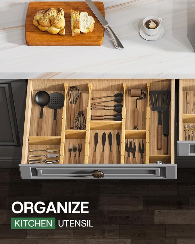 kiplant Bamboo Drawer Dividers - Adjustable Drawer Dividers for Kitchen, Clothes, Closet & Office - 8 Pack with Inserts, 13.8-18.8 Inches, Non-Slip Silicone Ends - Image 8