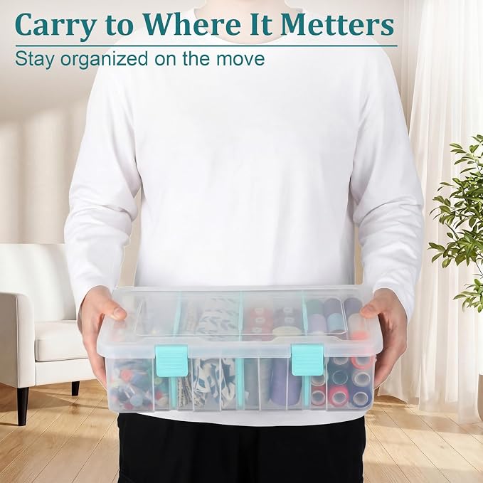 BTSKY Clear Plastic Dividing Storage Box with 4 Compartments Adjustable Storage Bin with Lid Plastic Craft Storage Container Multipurpose Sewing Box Art Supply Organizer, 13.3x8.1x3.4 Inches | 13.3x8.1x3.4 Inches Adjustable Storage Bin with Lid Plastic... - Image 5