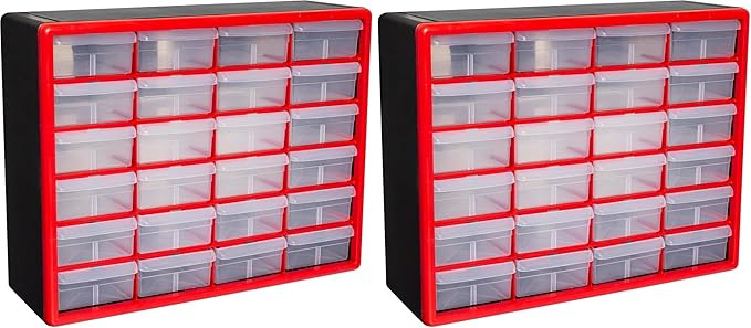 Akro-Mils 24-Drawer Plastic Drawer Storage Cabinet for Garage Organization, Bead Organizer, Building Bricks Storage, Teacher Toolbox, Makeup Organizer, 20-Inch W x 6-Inch D x 16-Inch H, 10124 Red by Akro-Mils