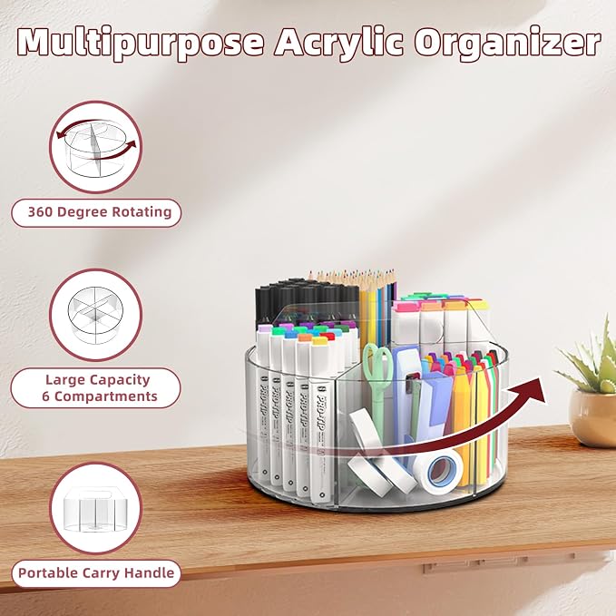 250pcs Acrylic Pencil Holder Marker Organizer, 360-Degree Rotating Pen Holder, Crayon Organizers for Kids Pencil Organizer Caddy Art Supply Lazy Susan Organizer for Desk Home School Office - Image 2