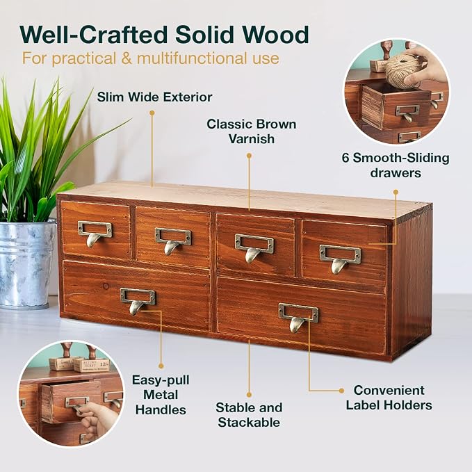 6-Drawer Vintage Desk Organizer Classic Brown Wood Storage Drawers for Tabletop - Slim Retro Style Desktop Organizing Cabinet with 6 Drawers - Office Study Table Wood Storage Box Organizer, 1-pack - Image 8