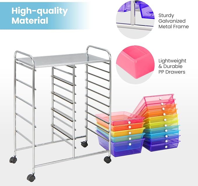 Giantex 15 Drawer Rolling Cart with Drawers, Storage Organizer Cart for Classroom Office School Teacher, Mobile Drawer Cart for Tools, Crafts, Small Printer, Paper (Clear Red+Orange+Green+Blue+Purple) - Image 7