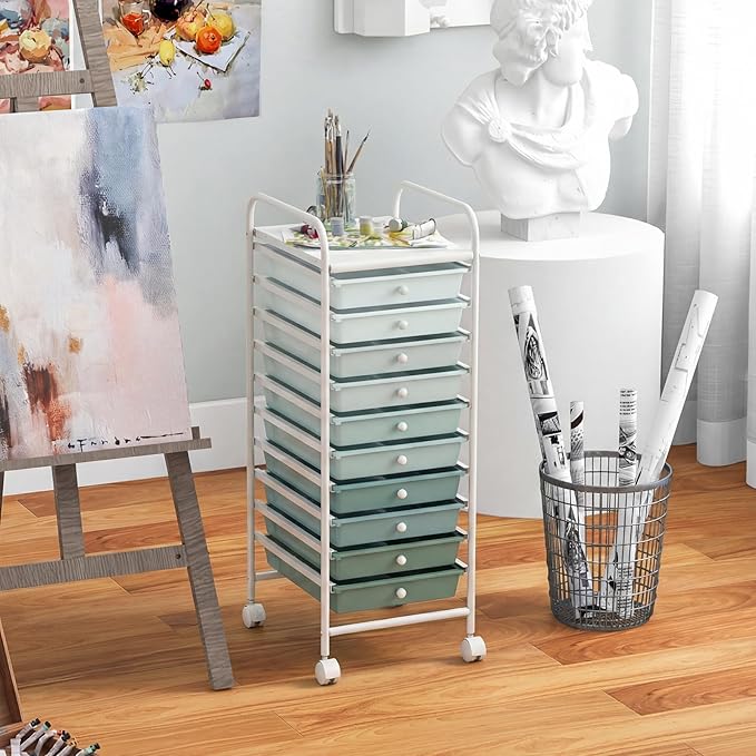 Storage Cart, Rolling Utility Cart with 10 Drawers, Portable Handles & Lockable Wheels, Mobile Paper Toys Storage Organizer Large Capacity for Home Office School Teacher (Gradient Green) - Image 7