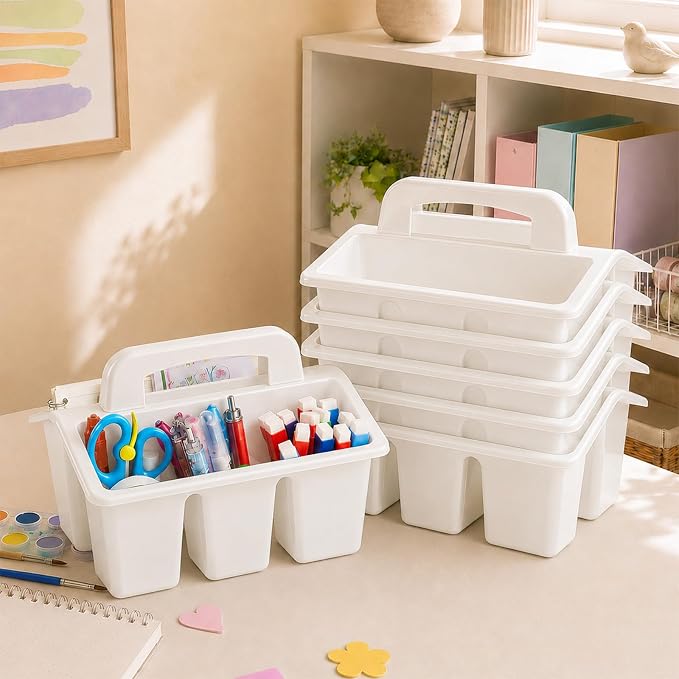 gisgfim 8 Pack Classroom Caddy Storage Basket with Handle 4 Compartment Storage Caddy Plastic Arts Crafts Caddies Protable Classroom Craft Caddies for Kids Schools Art Craft Supplies(White) - Image 4
