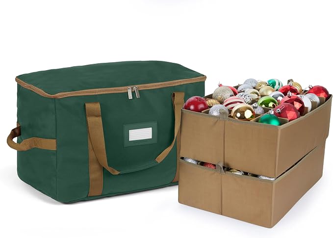Covermates Keepsakes Adjustable Ornament Storage Bag – Heavy-Duty Polyester, Padded Dividers & FlexGrid Trays – Protective Holiday Ornament Organizer with Handles & Label Window, Green by Covermates