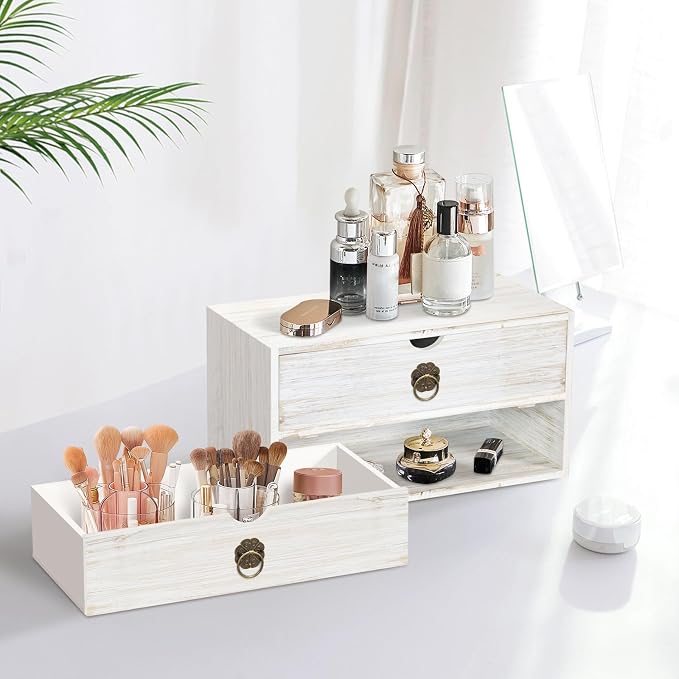 Wood Desk Organizer, White Wooden Desktop Organizer with Drawer, Tabletop Storage Organization Box for Countertop, Home Office Supplies, Bills (2 Drawer) - Image 8