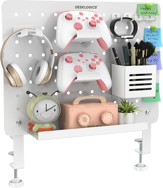 Clamp on Desk Pegboard 16.5"x12.6", White Heavy Duty Steel Desktop Organizer with 4 Magnet Pins, No-Drill Metal Peg Board Mount for Office & Gaming, Horizontal/Vertical by DeskLogics