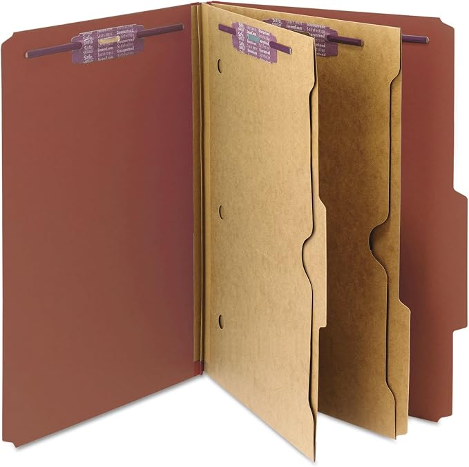 Smead Pressboard Classification File Folder with SafeSHIELD Fasteners, 2 Pocket Dividers, 2" Expansion, Legal Size, Red, 10 per Box (19079) - Image 3