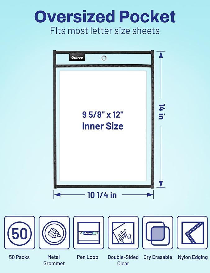 SUNEE 50 Packs Oversized Reusable Dry Erase Pocket Sleeves with 3 Rings, Black 10x14 Ticket Holders, Clear Plastic Sheet Protectors, Teacher School Classroom Supplies - Image 2