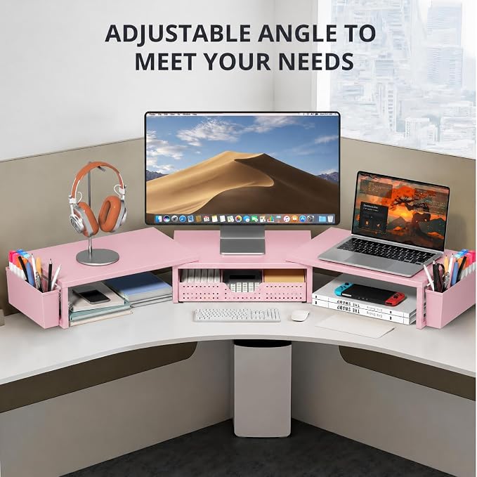 Desk Organizers and Accessories, Dual Monitor Stand Riser with Drawer and 2 Pen Holders, Desk Shelf Computer Racks for Office Workspace Organizers, Desktop Organization (Peach-pink) - Image 6